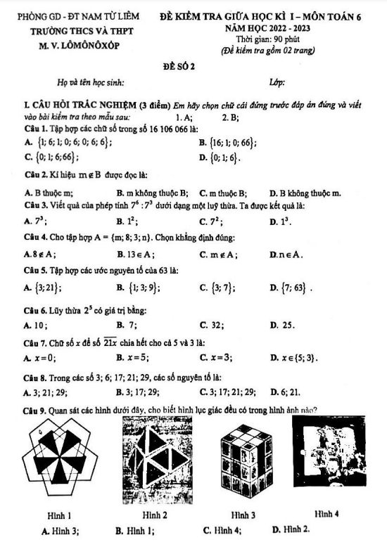 Đề giữa học kì 1 Toán 6 năm 2022 2023 trường M V Lômônôxốp Hà Nội