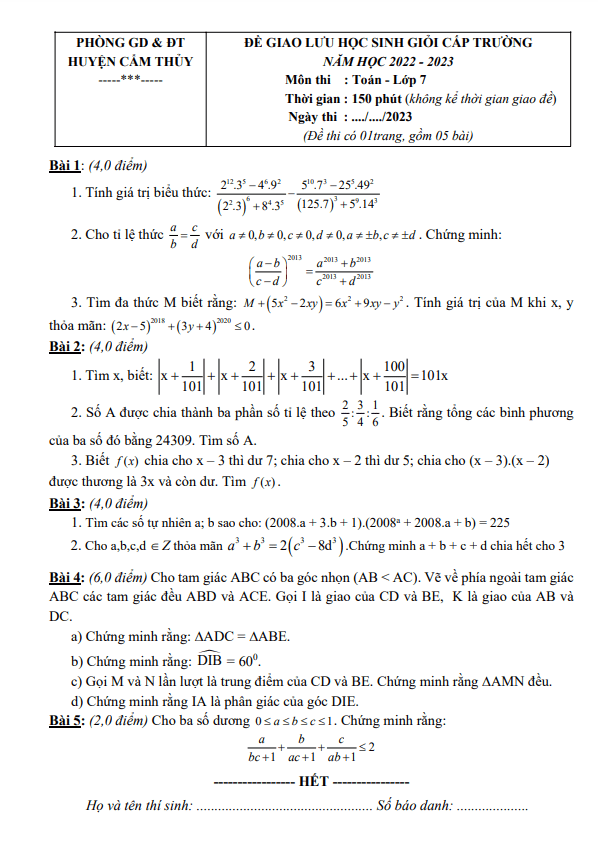 Đề giao lưu HSG Toán 7 năm 2022 2023 phòng GD ĐT Cẩm Thủy Thanh Hoá