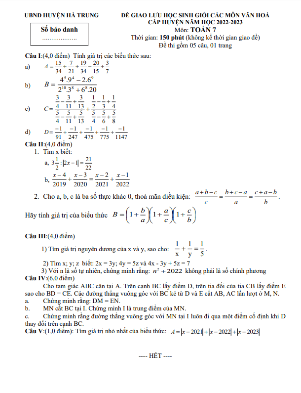 Đề giao lưu HSG Toán 7 năm 2022 2023 phòng GD ĐT Hà Trung Thanh Hóa