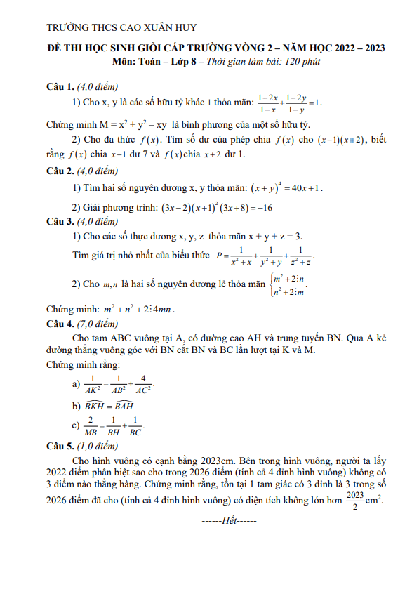 Đề HSG Toán vòng năm trường THCS Cao Xuân Huy Nghệ An THCS TOANMATH