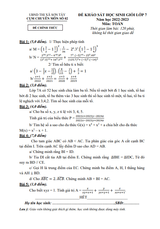 Đề HSG Toán 7 năm 2022 2023 cụm chuyên môn số 02 Sơn Tây Hà Nội