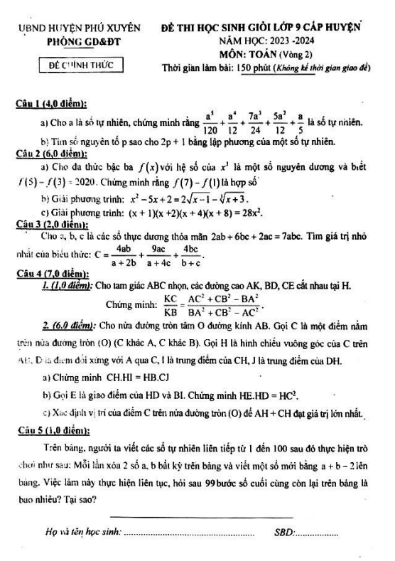 Đề học sinh giỏi Toán 9 năm 2023 2024 phòng GD ĐT Phú Xuyên Hà Nội