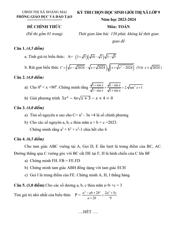 Đề học sinh giỏi Toán 9 năm 2023 2024 phòng GD ĐT Hoàng Mai Nghệ An