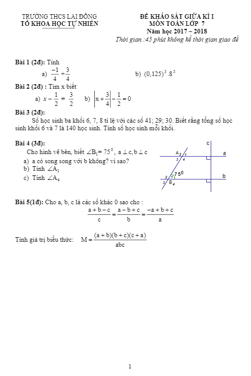 Đề khảo sát giữa kỳ I môn Toán 7 năm học 2017 - 2018 trường THCS Lai Đồng -  Phú Thọ 