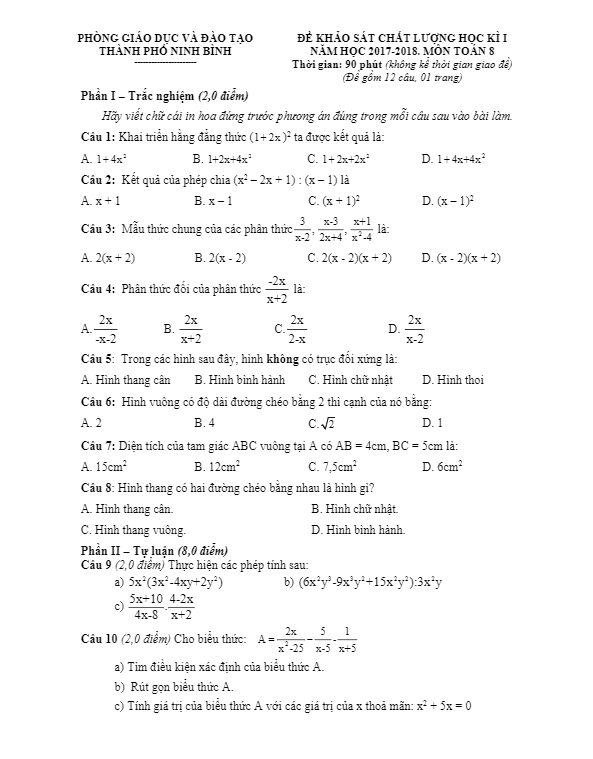 Đề Thi HK1 Toán 8 Năm Học 2017 - 2018 Phòng GD Và ĐT Thành Phố Ninh ...