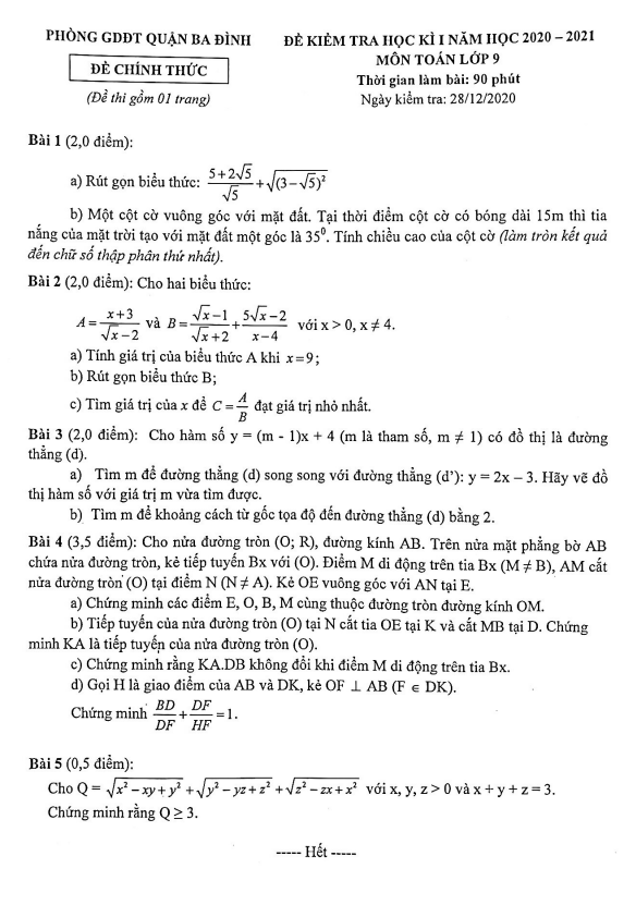 đề Kiểm Tra Học Ki 1 Toan 9 Năm 2020 2021 Phong Gd đt Ba đinh Ha Nội Thcs Toanmath Com