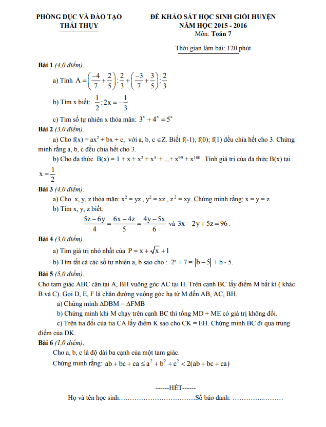 Đề khảo sát HSG huyện Toán 7 năm 2015 - 2016 phòng GD&ĐT Thái Thụy ...