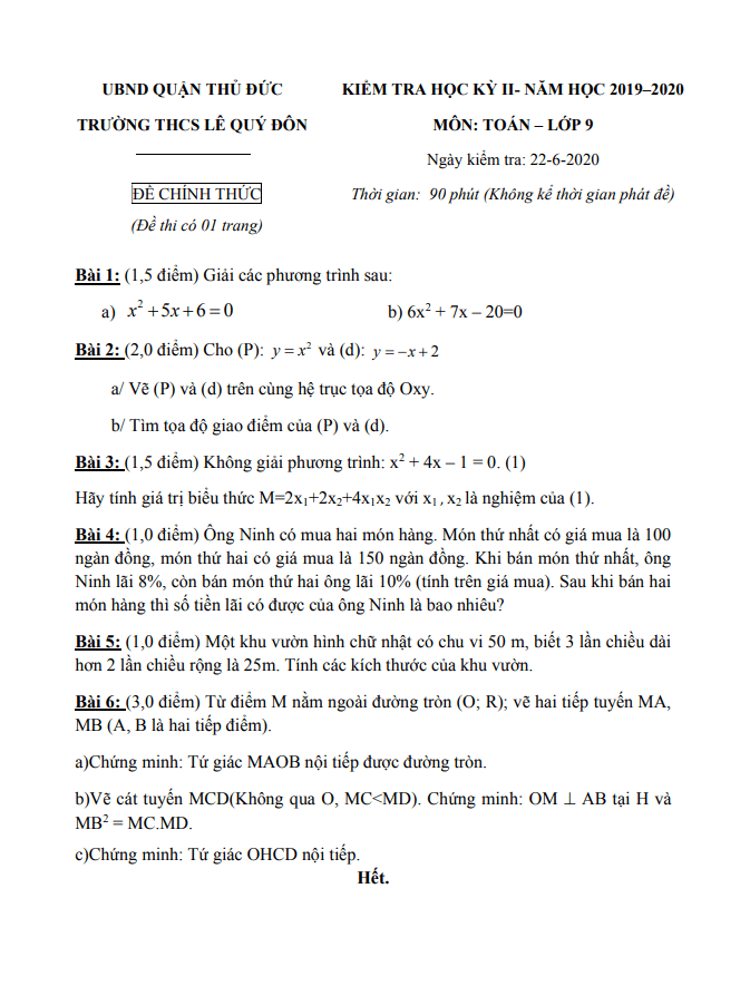 дђб ѓ Thi Hk2 Toгўn 9 Nдѓm 2019 2020 Trж б ќng Thcs Lгє Quгѕ дђгґn Tp Hcm