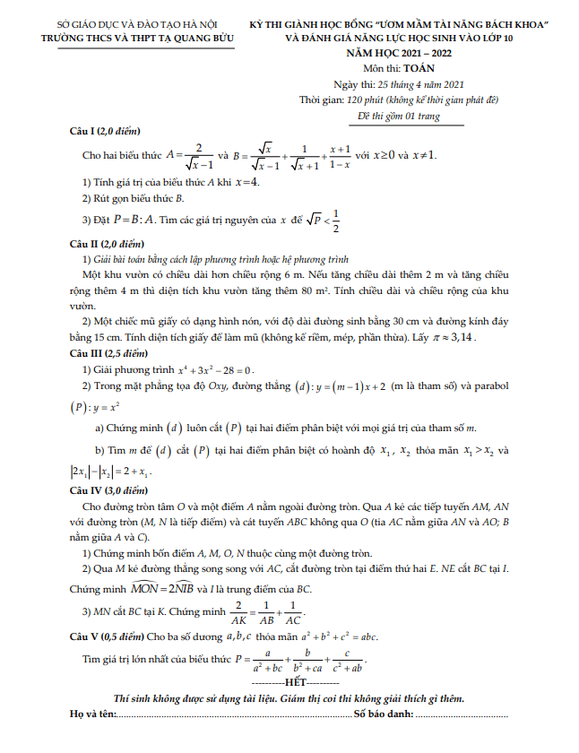 Đề đánh giá năng lực Toán thi vào 10 năm 2021 - 2022 trường Tạ Quang ...