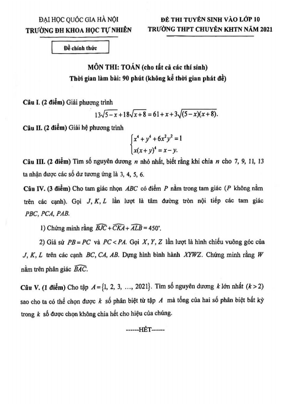 Đề tuyển sinh vào lớp 10 năm 2021 trường THPT chuyên KHTN - Hà Nội - THCS.TOANMATH.com