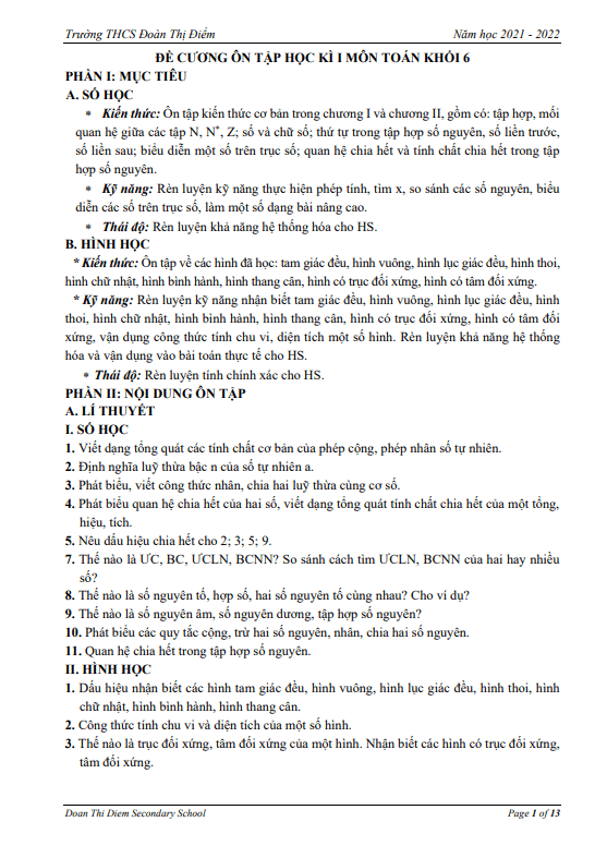 Đề cương ôn tập học kì 1 Toán 6 năm 2021 - 2022 trường THCS Đoàn Thị Điểm - Hà Nội - THCS.TOANMATH.com