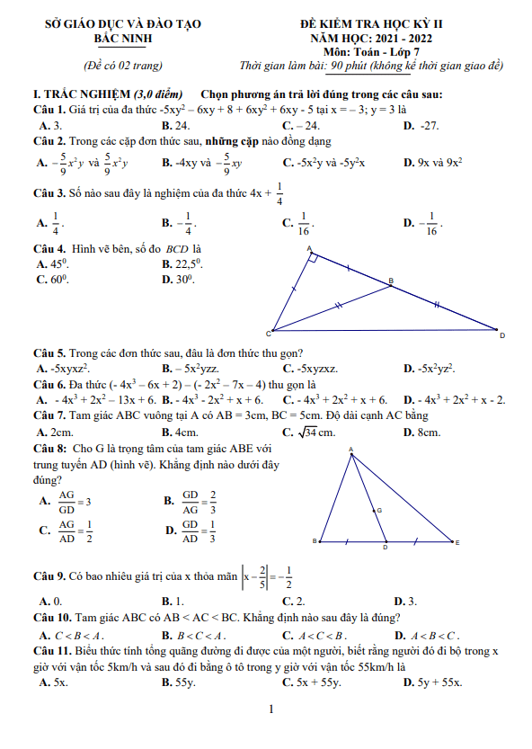 Đề kiểm tra cuối học kỳ 2 Toán 7 năm 2021 - 2022 sở GD&ĐT Bắc Ninh - THCS.TOANMATH.com
