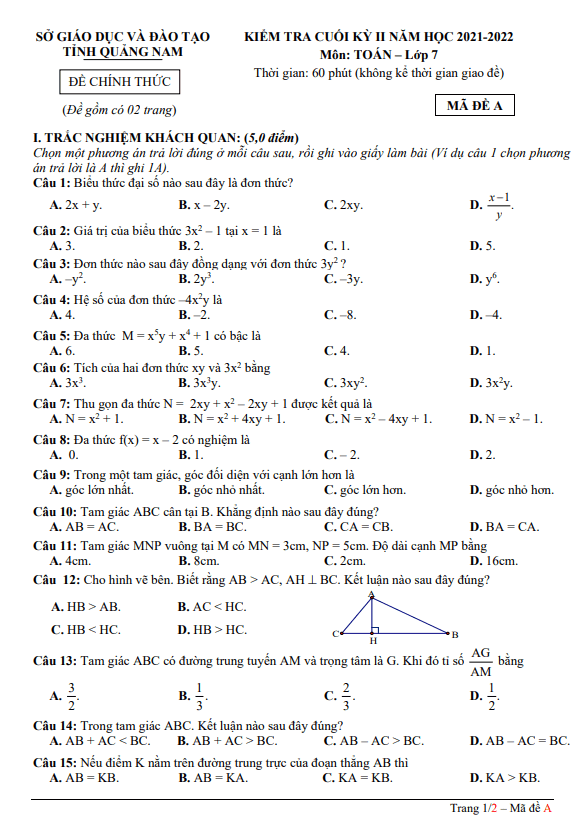 Đề kiểm tra cuối kỳ 2 Toán 7 năm 2021 - 2022 sở GD&ĐT Quảng Nam - THCS.TOANMATH.com