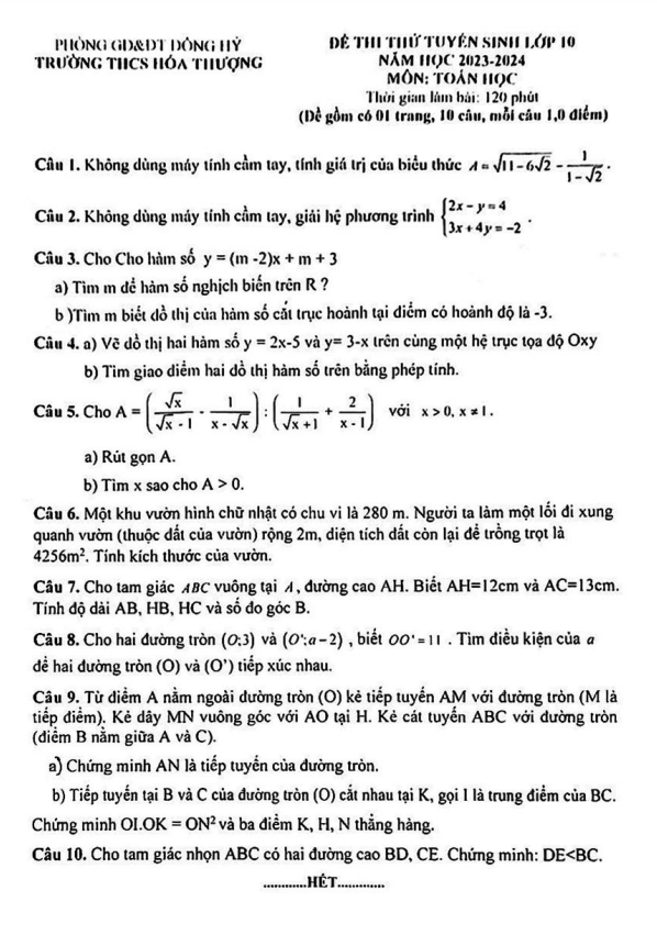 Đề thi thử vào 10 môn Toán năm 2023 2024 trường THCS Hoá Thượng