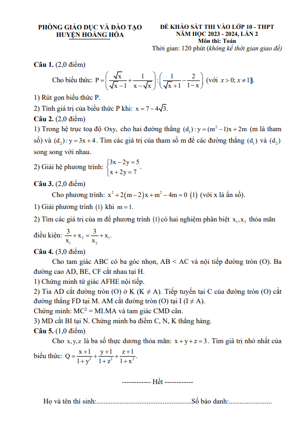 Đề khảo sát Toán vào 10 lần 2 năm 2023 - 2024 phòng GD&ĐT Hoằng Hóa ...
