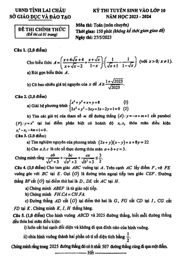 Đề thi vào lớp 10 môn Toán (chuyên) năm 2023 - 2024 sở GD&ĐT Lai Châu ...