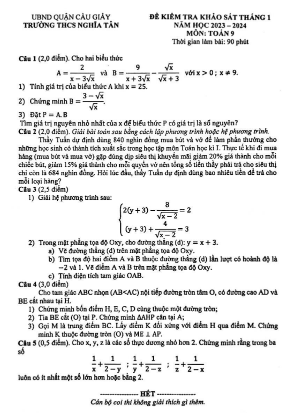Đề khảo sát Toán 9 tháng 1 năm 2024 trường THCS Nghĩa Tân - Hà Nội ...