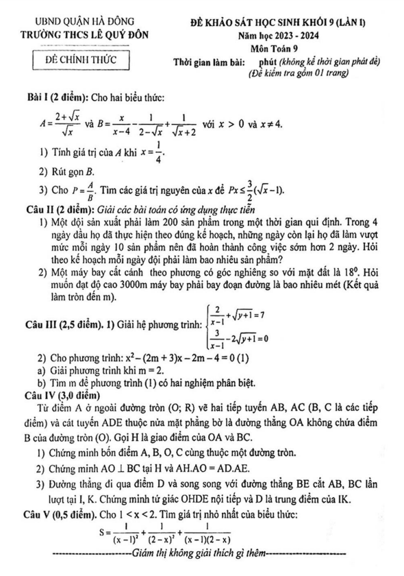 Đề khảo sát Toán 9 lần 1 năm 2023 - 2024 trường THCS Lê Quý Đôn - Hà ...