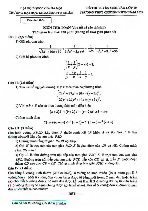 Đề Tuyển Sinh Lớp 10 Môn Toán (chung) Năm 2024 Trường Chuyên Khtn - Hà 